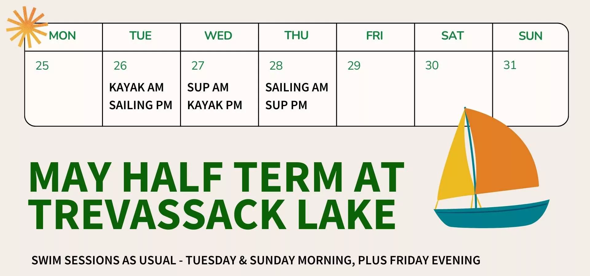 A timetable showing lake activities on Tuesday, Wednesday and Thursday of May Half Term 2026